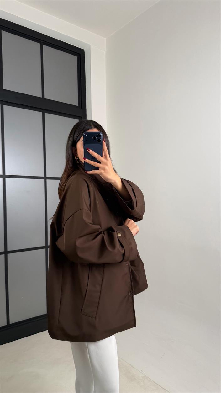 Acı Kahve Çıtçıt Düğmeli Astarlı Oversize Premium Ceket GAUS-00794