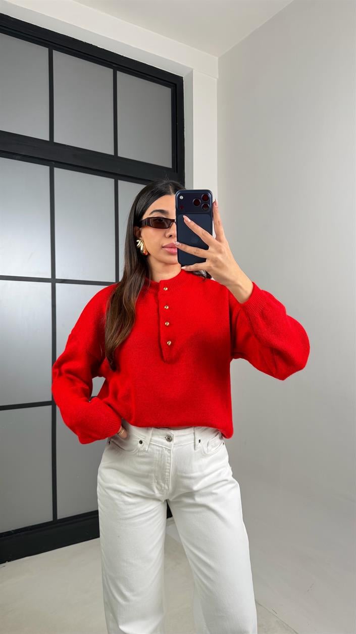 Kırmızı Gold Düğmeli Triko Kazak GAUS-00887