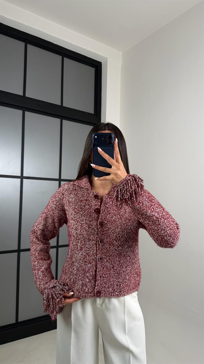 Bordo Kolu Püskül Detaylı Triko Hırka GAUS-00498