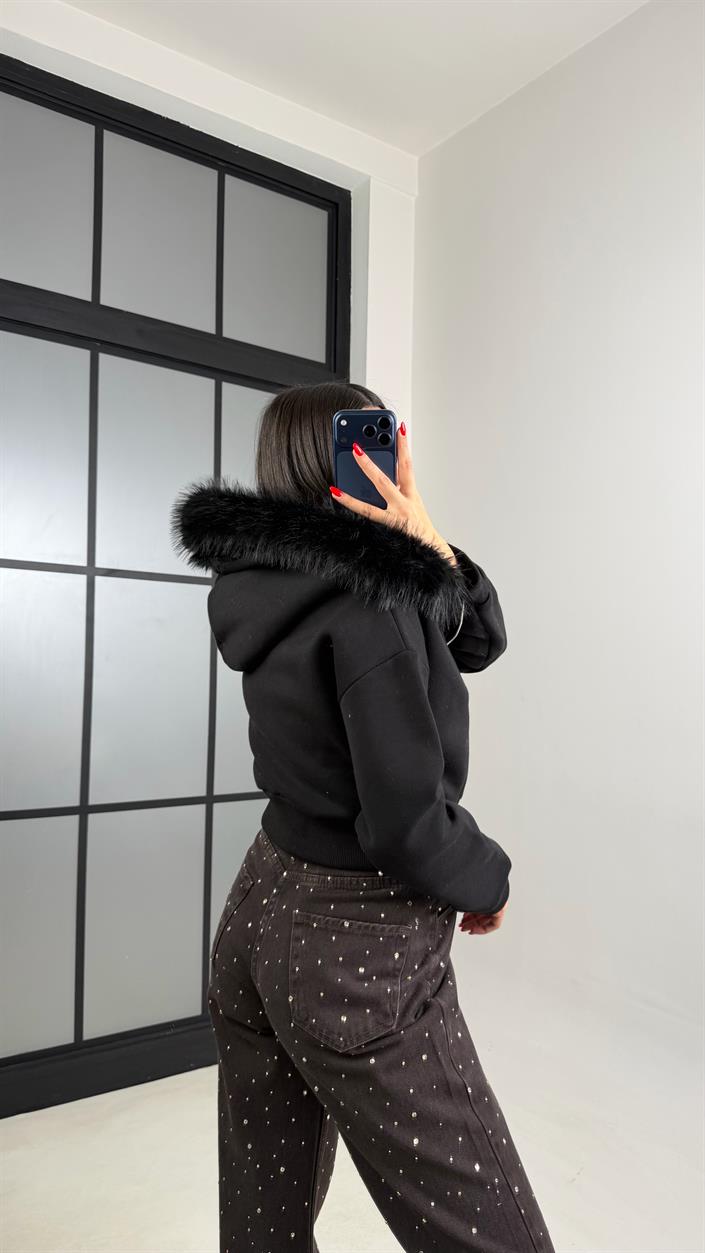 Siyah Kürk Yakalı Şardonlu Premium Sweatshirt GAUS-00959