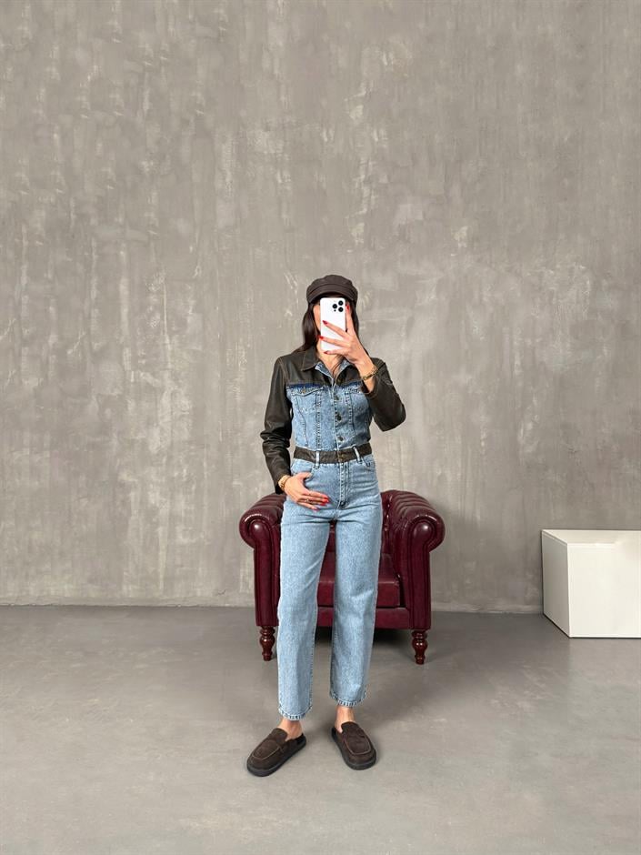 Barnes Eskitme Deri Detaylı Premium Tasarım Denim Tulum