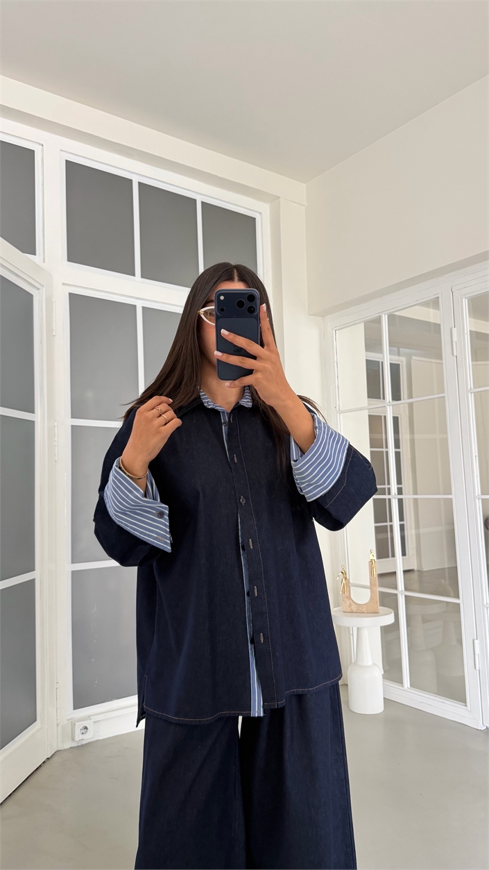 Lacivert Çizgi Detaylı Gömlek Geniş Paça Pantolon İkili Denim Takım GAUS-02041