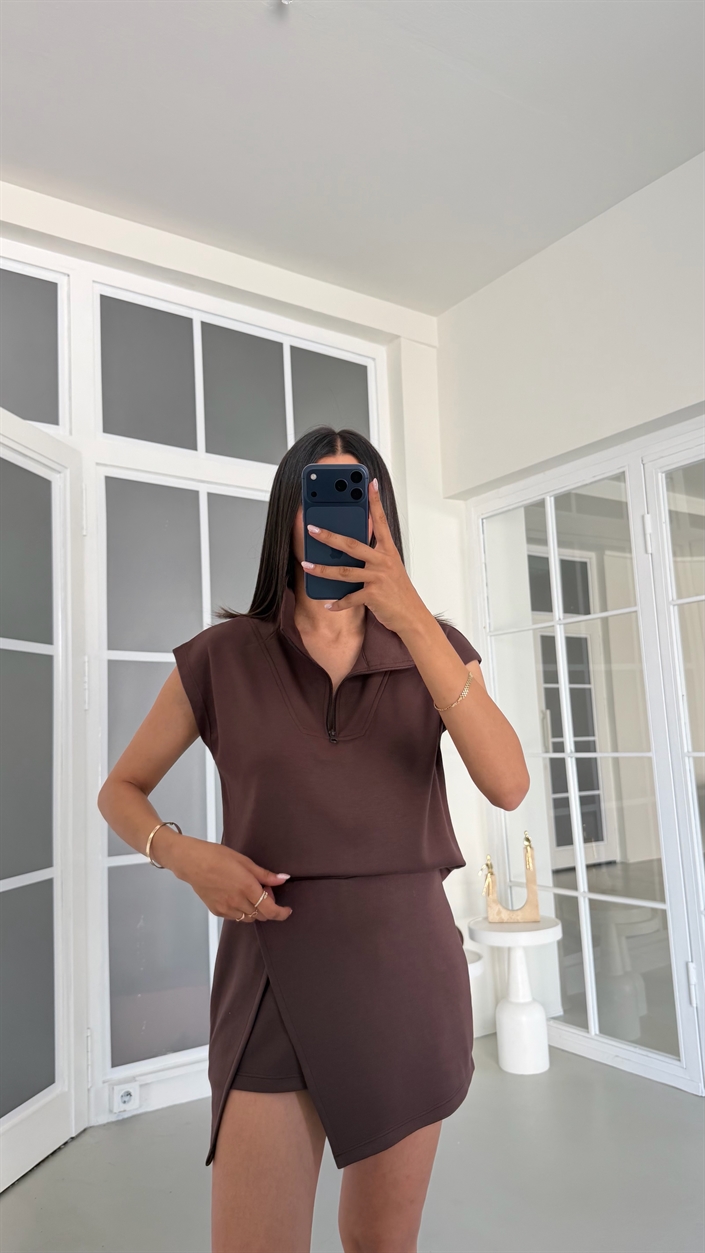 Kahve Fermuarlı Bluz Şort Etek İkili Modal Kumaş Takım GAUS-01820