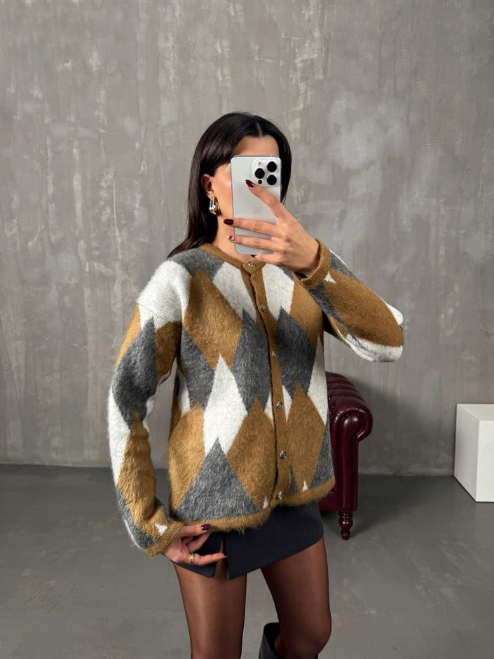 Tatya Camel MD Baklava Desenli Hırka