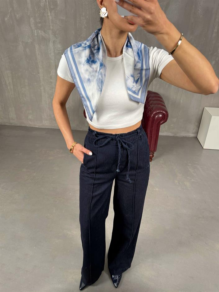 Lacivert Çımalı Beli Lastikli Bağlamalı Denim Pantolon Gaus00033