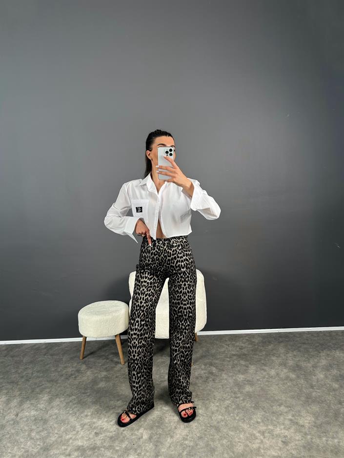 GU Koyu Leopar Desenli Straight Leg Jean