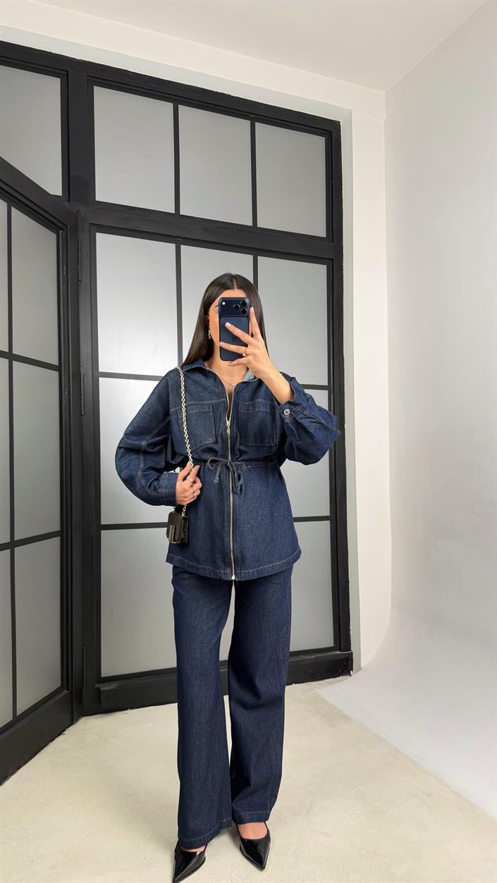 Lacivert Kuşaklı Fermuarlı Ceket Pantolon İkili Denim Takım GAUS-01197