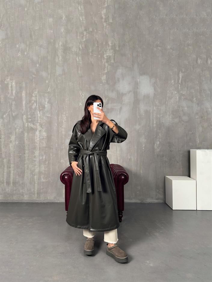 Vinta Haki Astarlı Kuşaklı Deri Trençkot