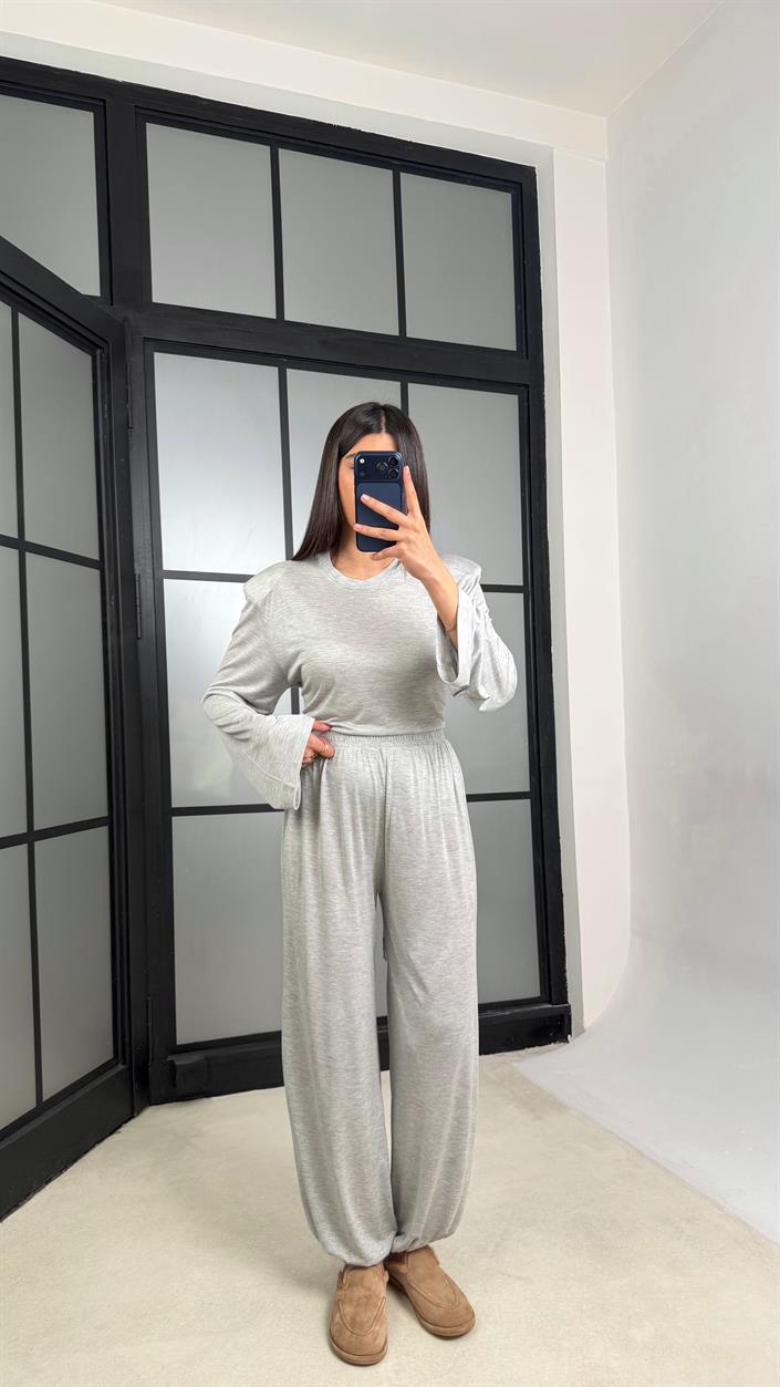 Gri Beli Ayarlanabilir Vatkalı Bluz Eşofman Takım GAUS-01307