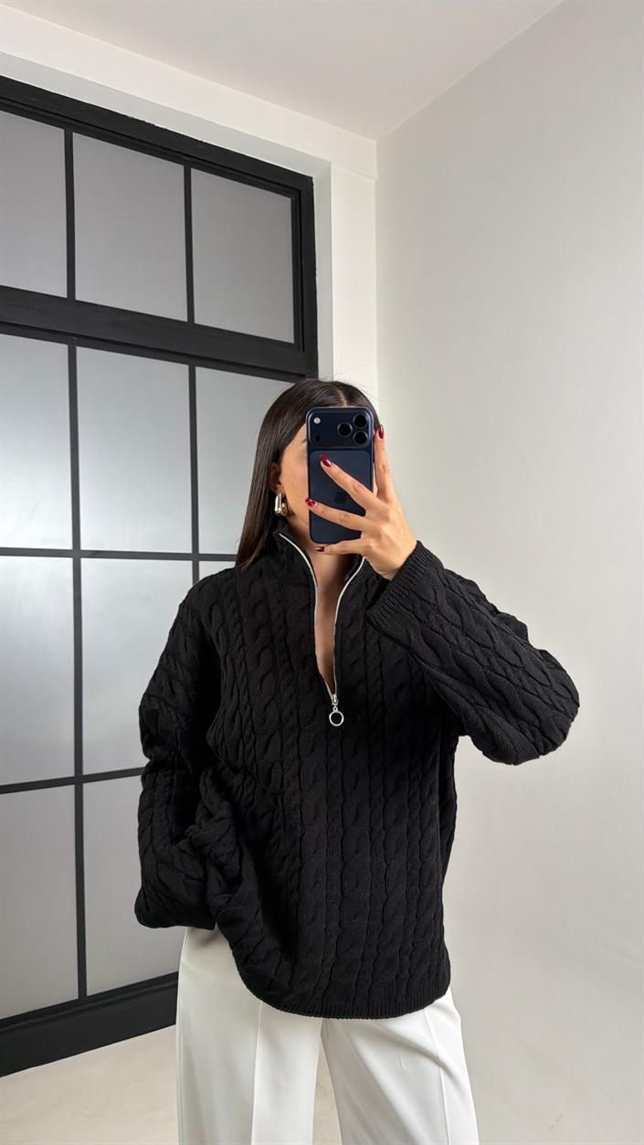 Siyah Fermuarlı Örgü Kazak GAUS-00213