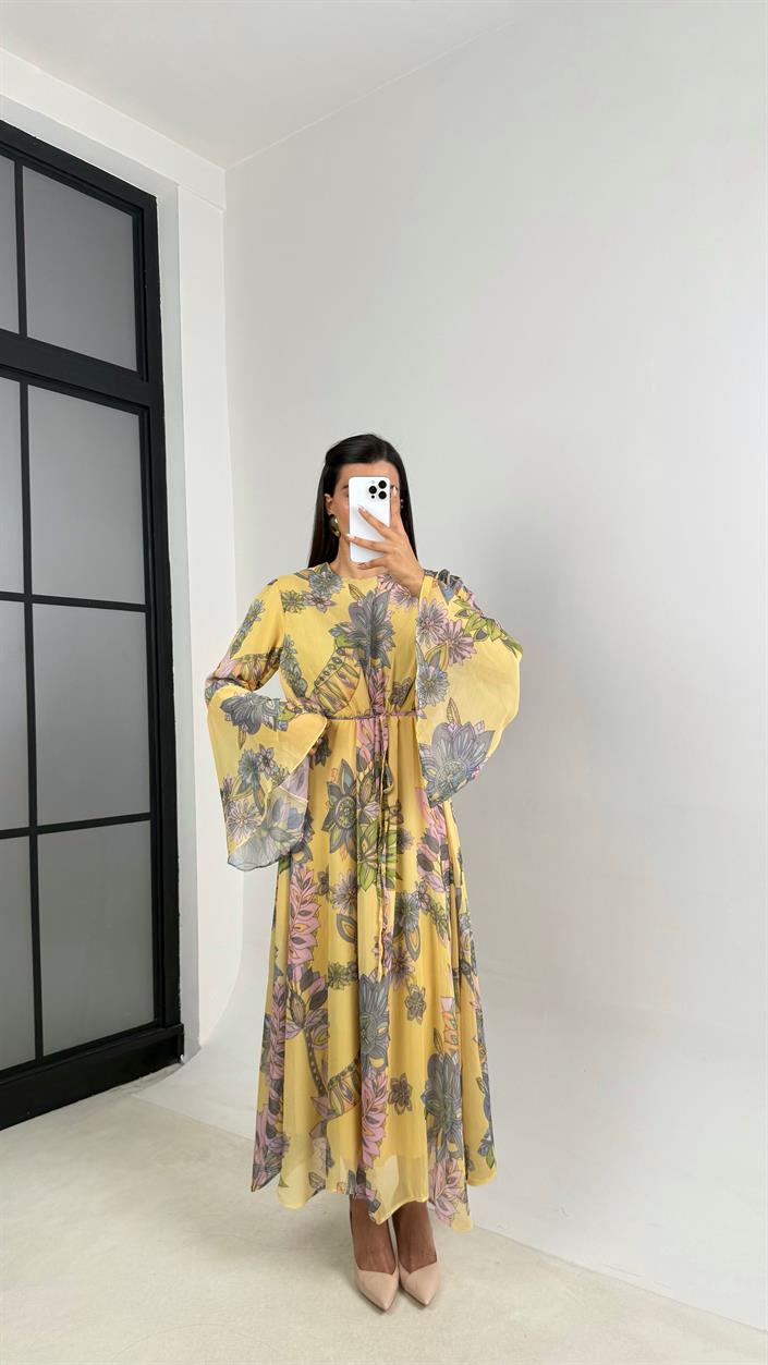 Sarı Çiçek Desenli Kuşaklı Kolu Volanlı Astarlı Şifon Elbise GAUS-00105