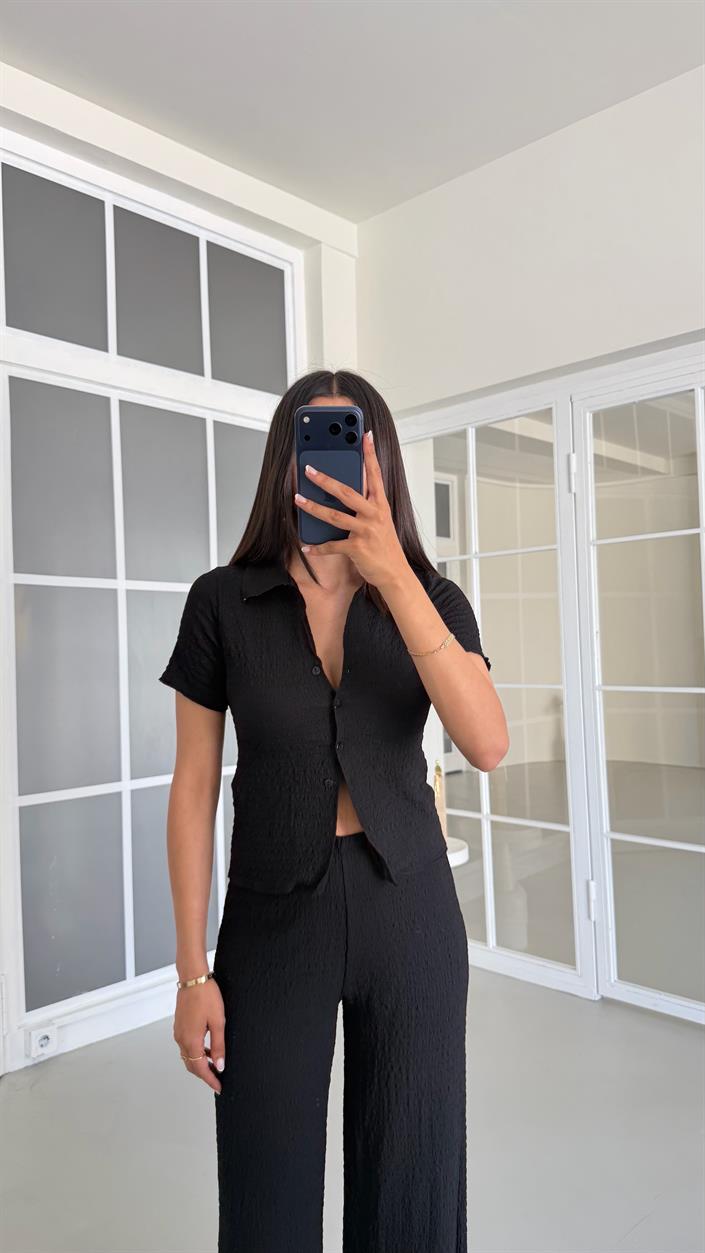 Siyah Crop Bluz Beli Lastikli Pantolon Bürümcük Takım GAUS-01555