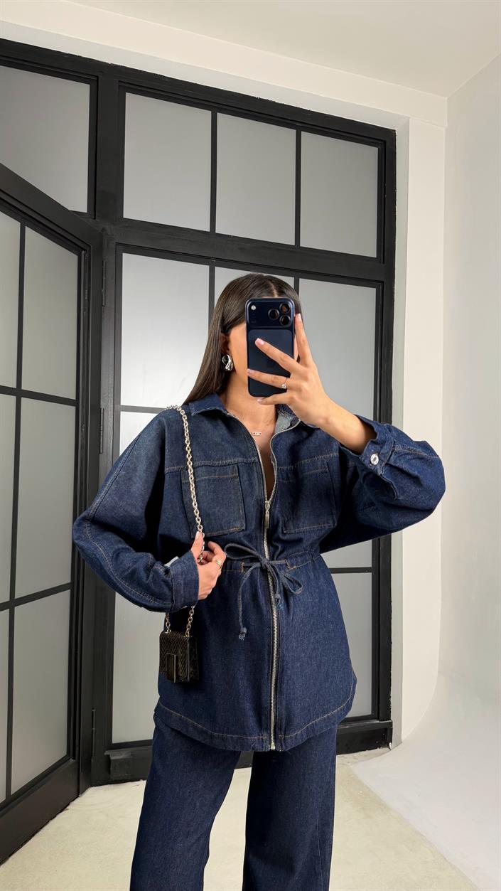 Lacivert Kuşaklı Fermuarlı Ceket Pantolon İkili Denim Takım GAUS-01197