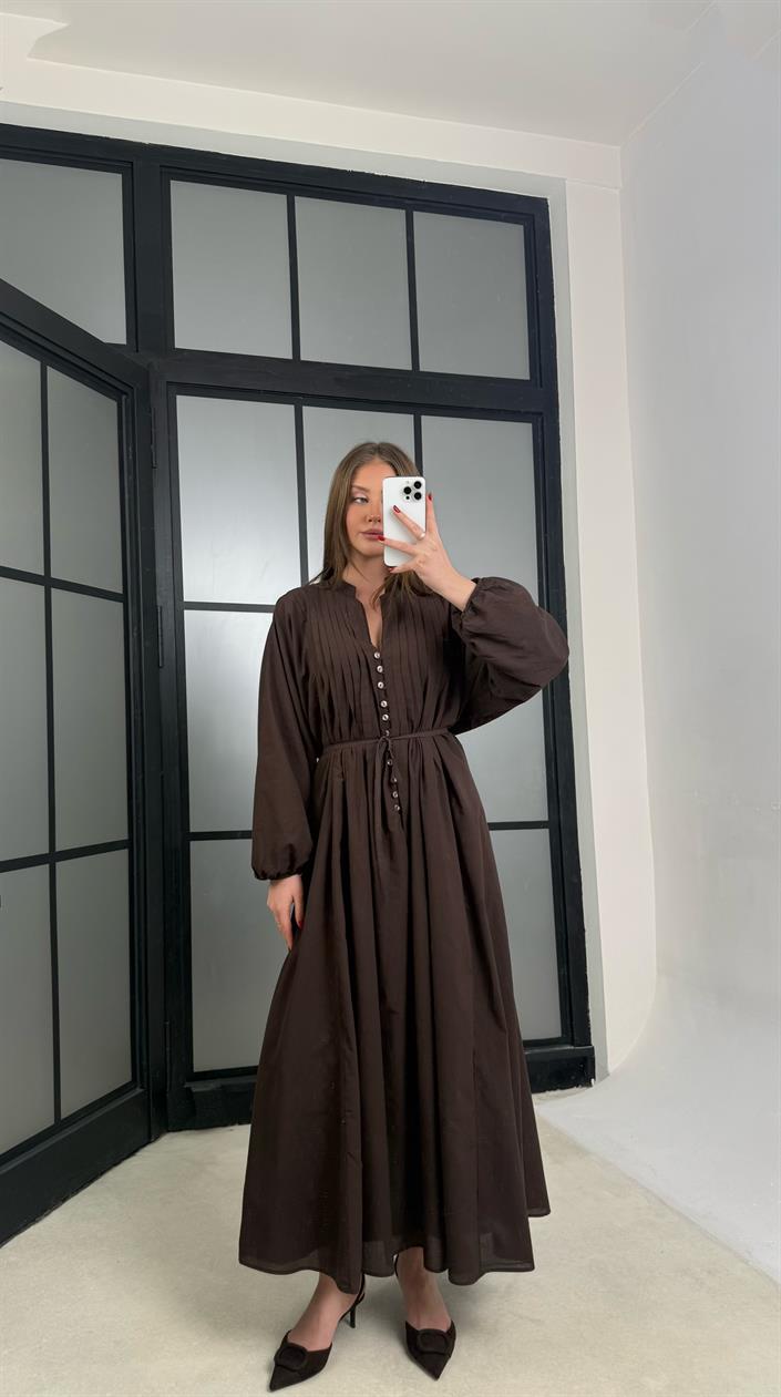Kahve Düğme Detaylı Kuşaklı Vual Kumaş Elbise GAUS-01263