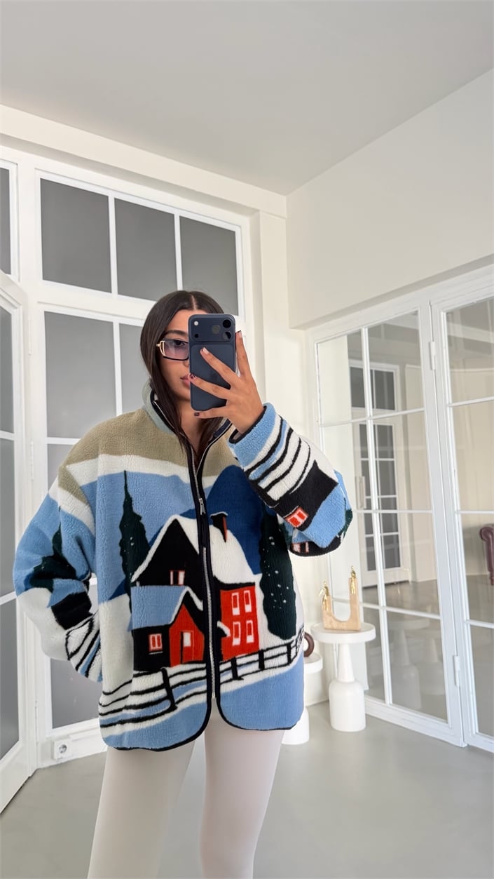 Mavi Ev Desenli Fermuarlı Polar Sweatshirt GAUS-01916 GAUS-01929