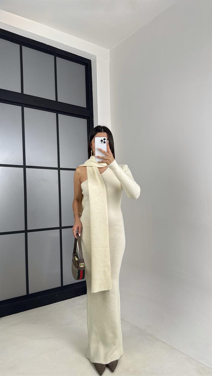 Ekru Tek Omuz Atkılı Triko Elbise GAUS-00223