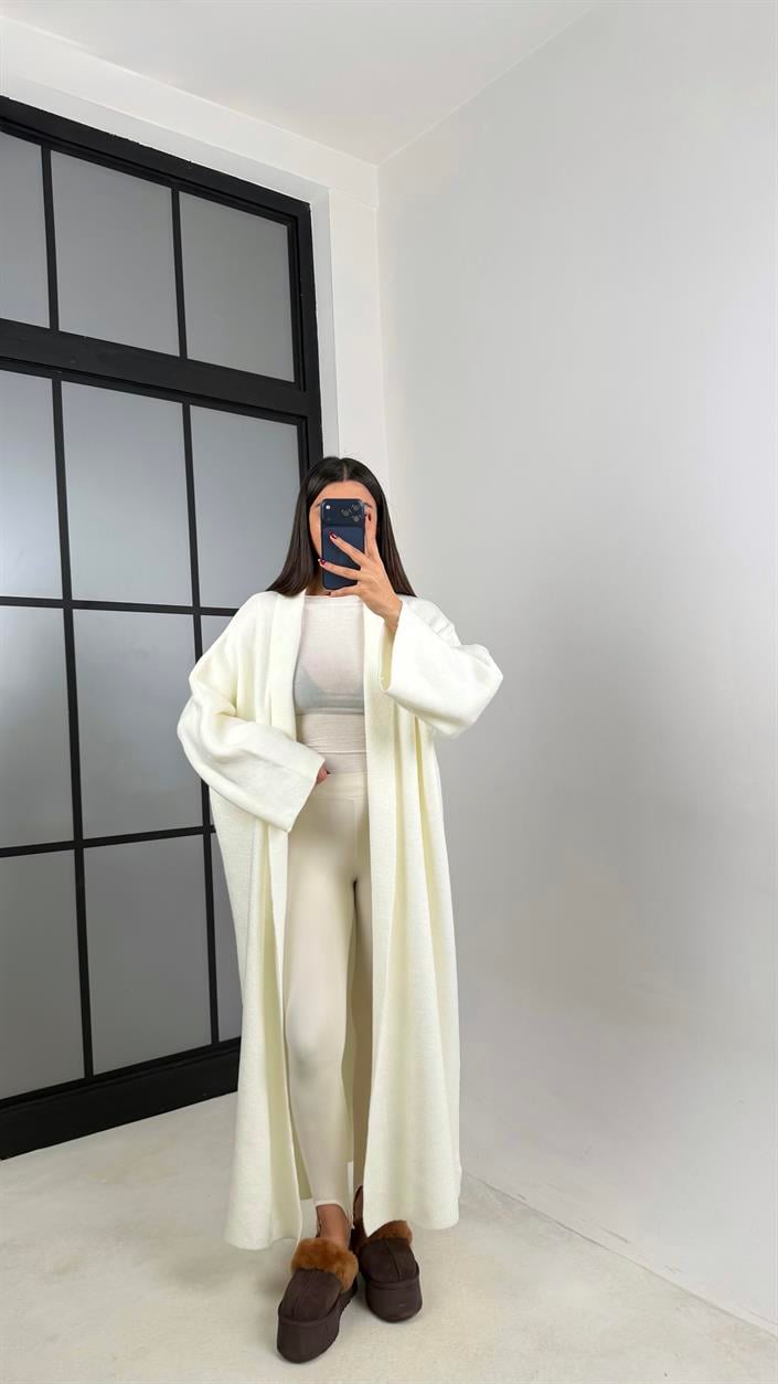 Ekru Oversize Maxi Boy Triko Hırka GAUS-00728