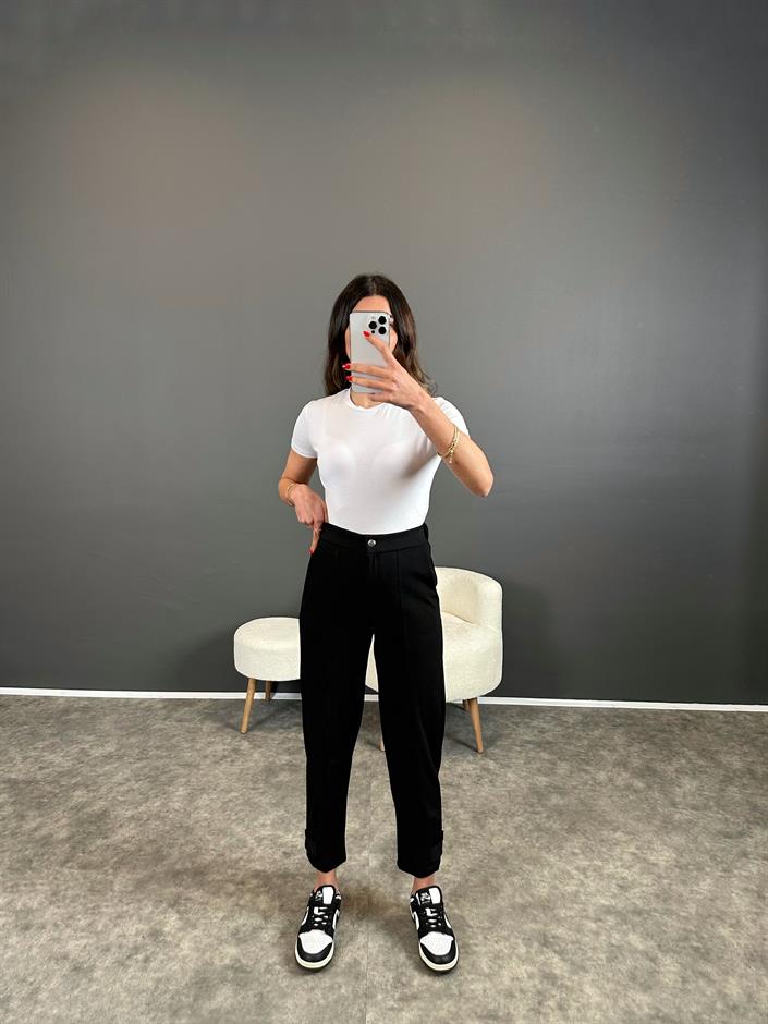 Ren Siyah Beli Lastikli Paça Detaylı Pantolon 