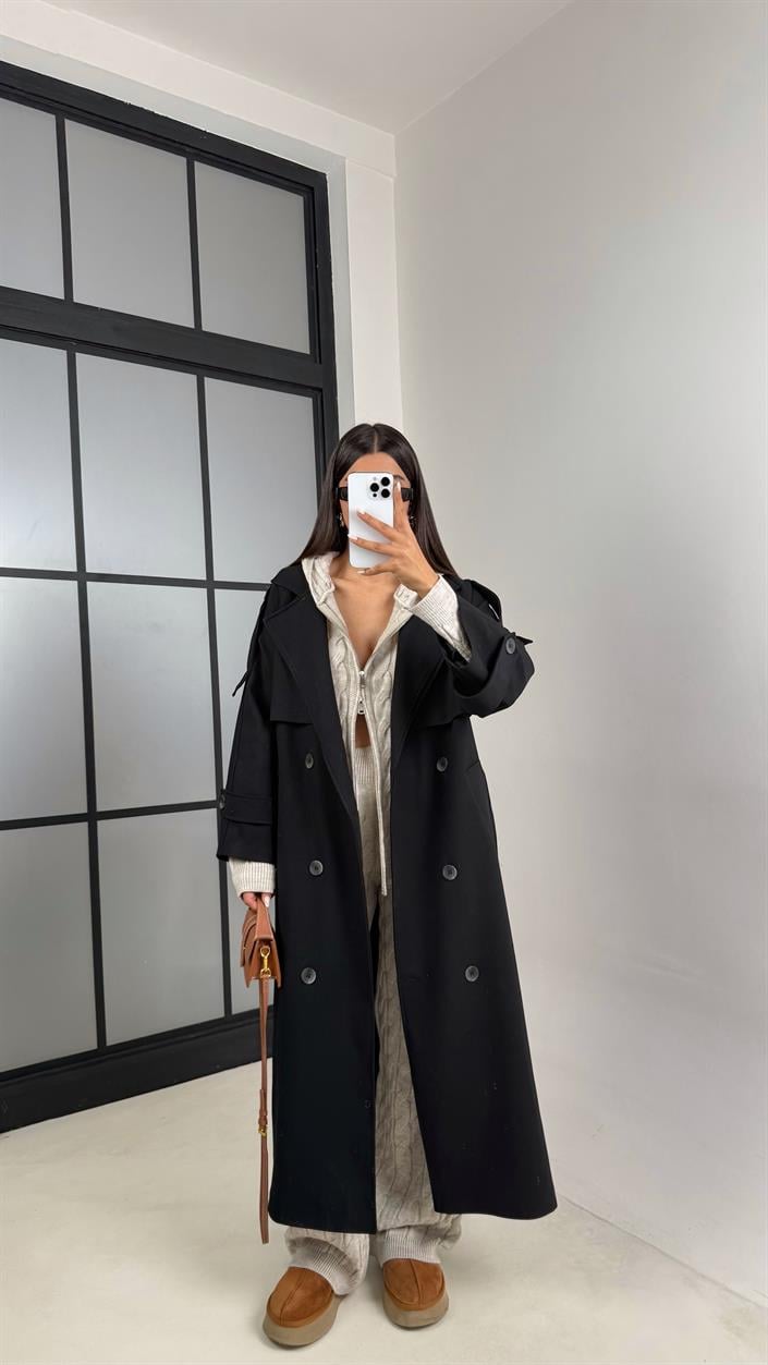 Siyah Astarlı Kuşaklı Premium Trençkot GAUS-00516