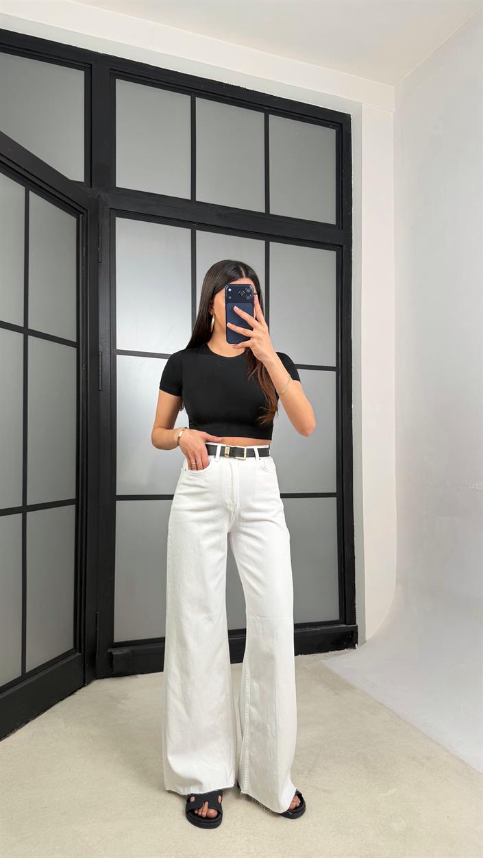 Beyaz Kesik Paça Kemerli Jean GAUS-01305