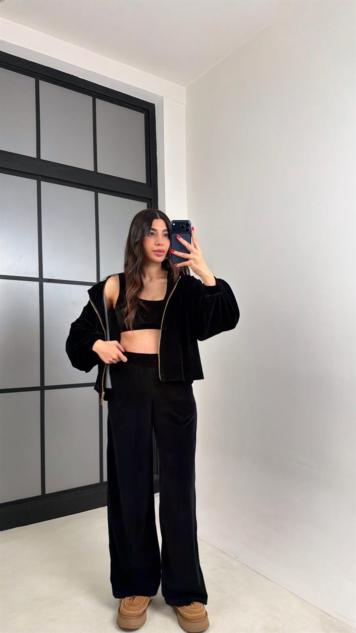 Siyah Kapüşonlu Hırka Crop Beli Lastikli Pantolon 3lü Kadife Takım GAUS-00875