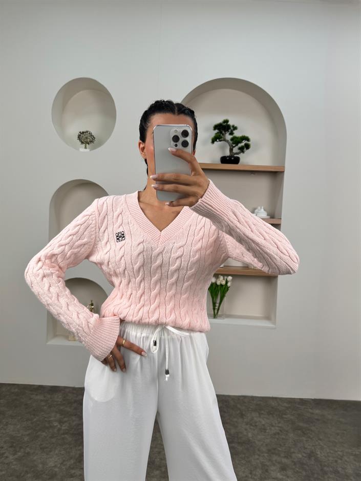 Muse Pudra Pembe Muadil Örme V Yaka Triko Kazak