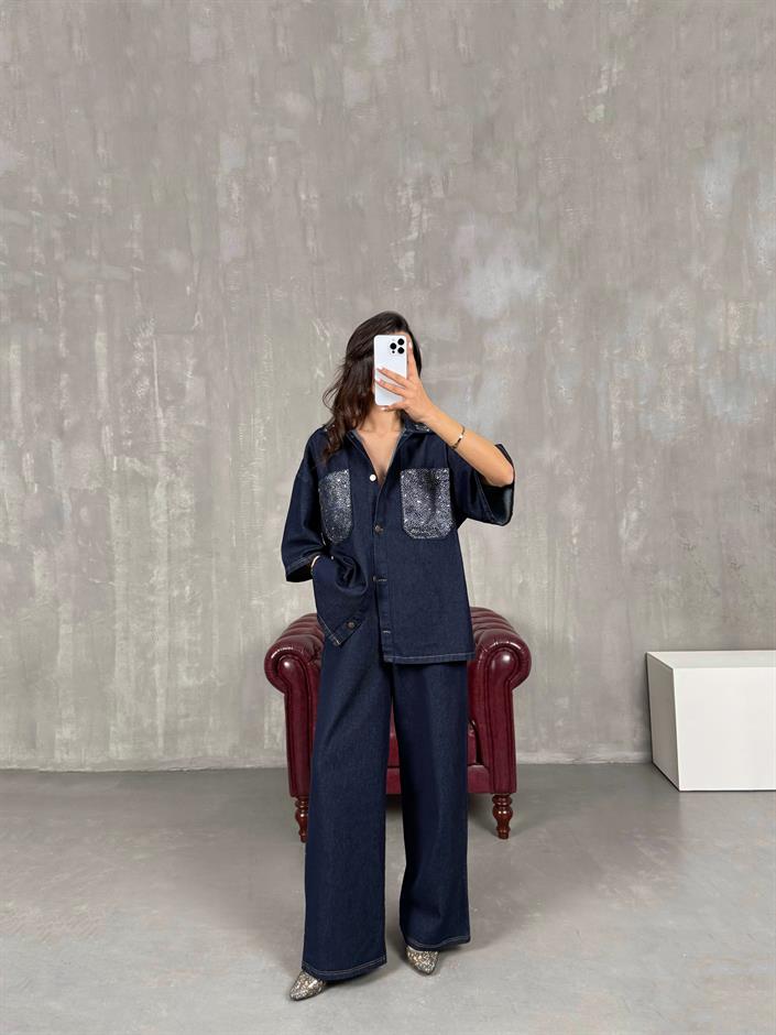 Lacivert Cep Taş İşlemeli Gömlek Pantolon Denim Takım Gaus00037