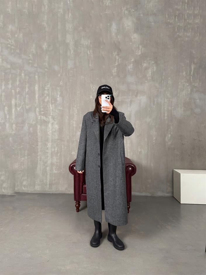 Nerisa Antrasit Düğmeli Astarlı Premium Kaban