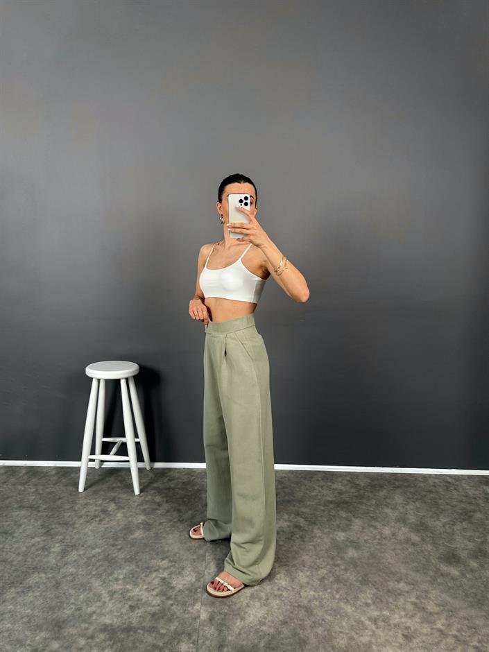 Bonum Soft Yeşil Cırt Bantlı Keten Pantolon