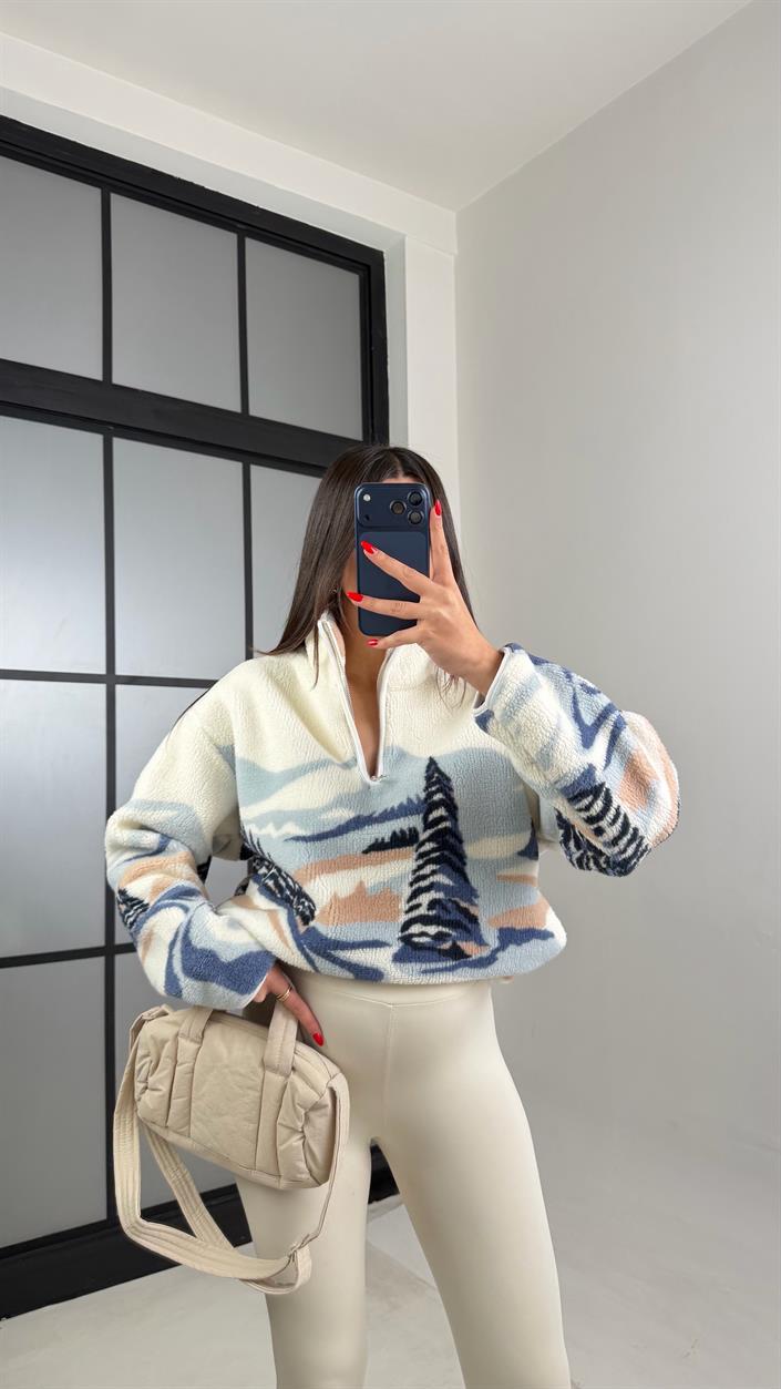 Mavi Fermuarlı Ağaç Desenli Polar Sweatshirt GAUS-00723 GAUS-01021