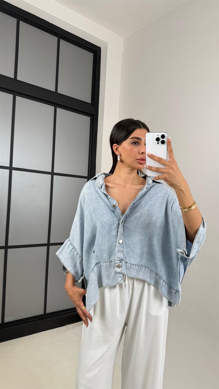Mavi Önü Düğmeli Yarasa Kol Tensel Denim Gömlek Ceket Gaus00538