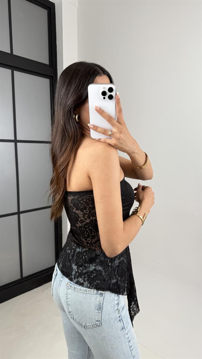 Siyah Straplez Dantelli Asimetrik Kesim Bluz Gaus00629