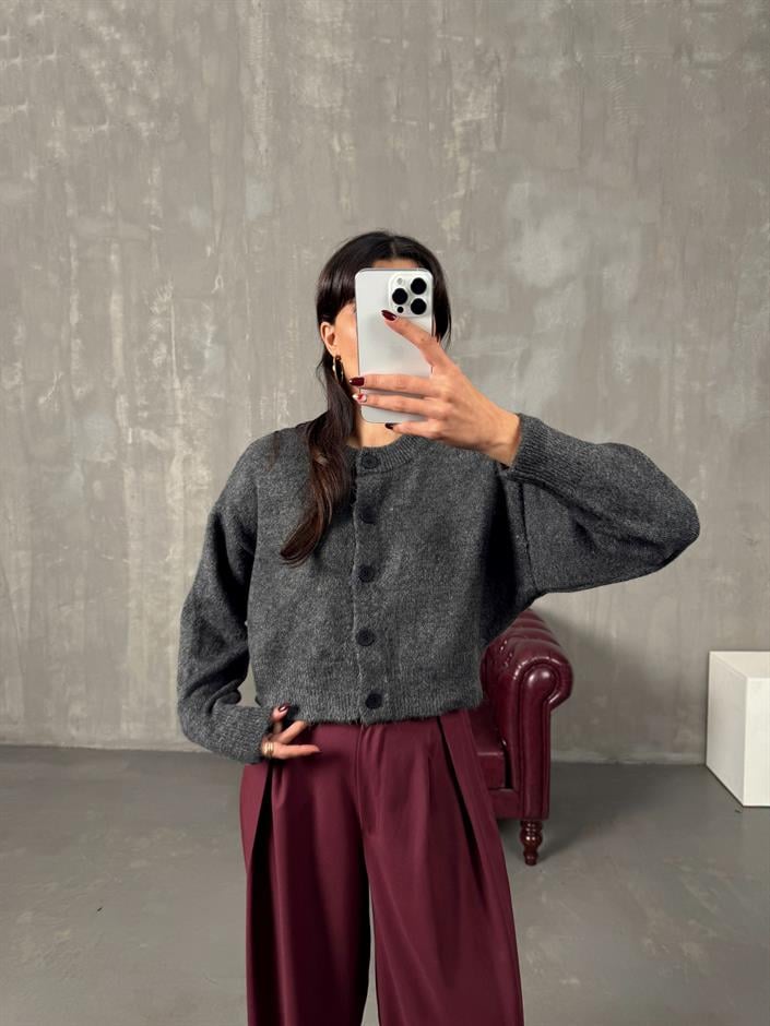 Tony Antrasit Düğmeli Crop Hırka