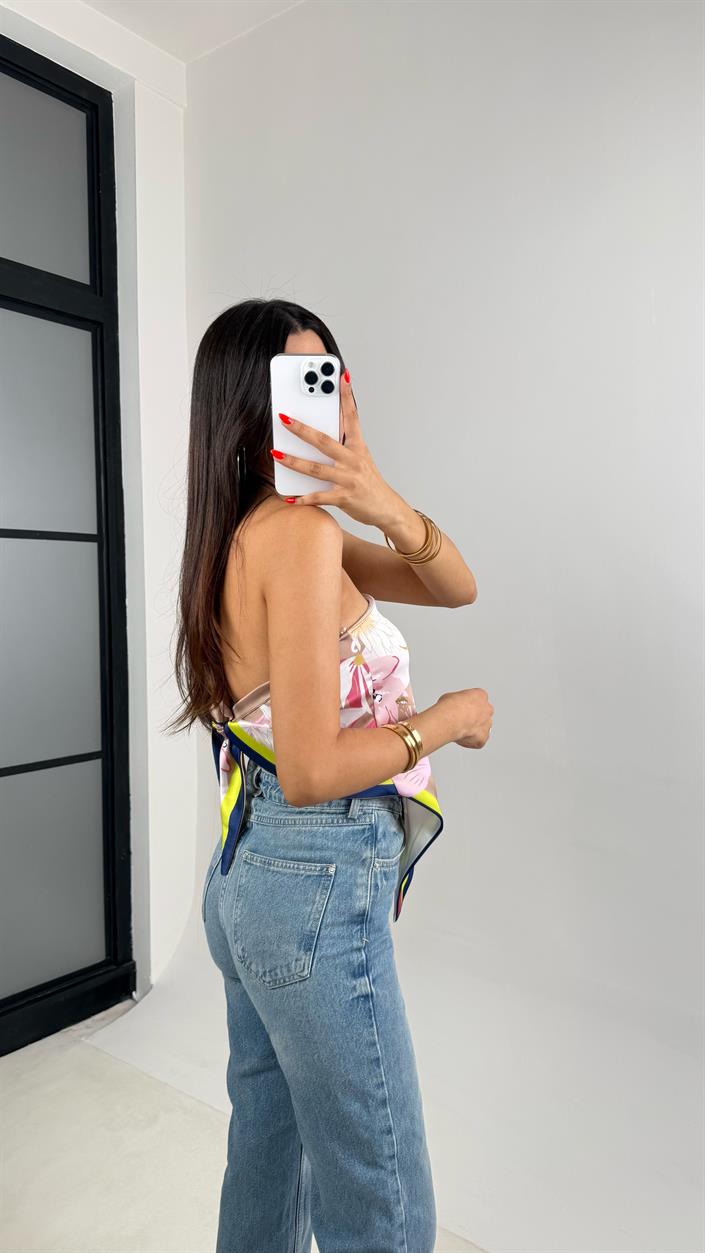 Çok Renkli Çok Desenli Sırt Bağlamalı Saten Bluz GAUS-0024