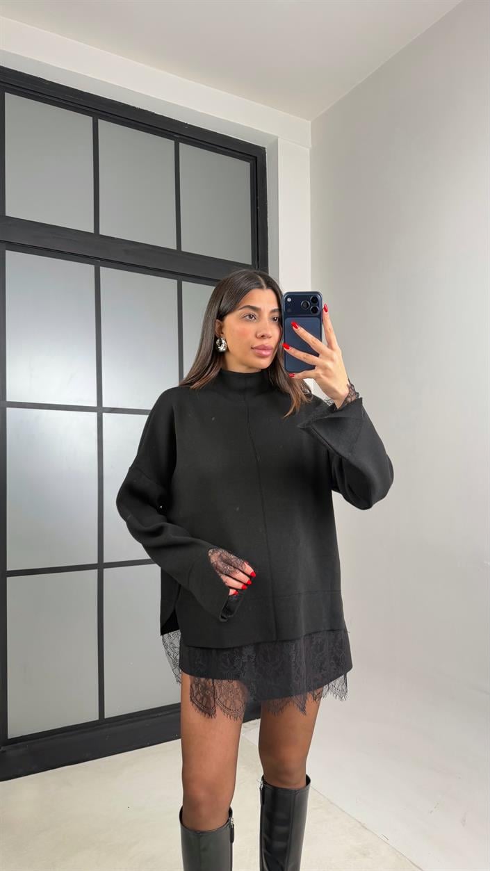 Siyah Dantel Detaylı Triko Kazak GAUS-01055
