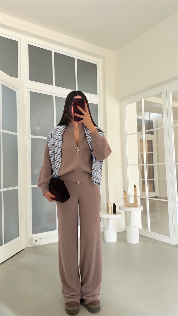 Vizon Çift Fermuarlı Hırka Beli Lastikli Pantolon İkili Yumuşak Kumaş Premium Takım GAUS-02303