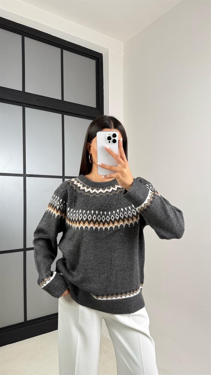 Antrasit Desenli Vintage Triko Kazak GAUS-00494