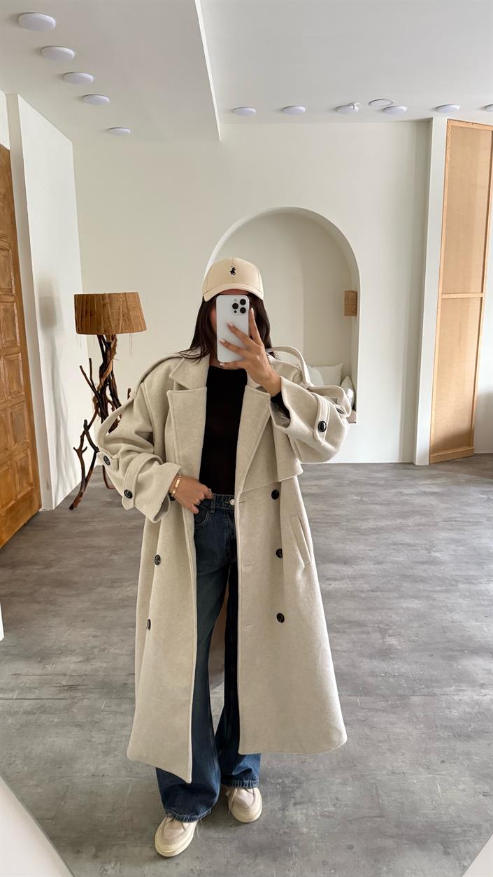 Taş Astarlı Kuşaklı Premium Kaşe Kaban GAUS-00505