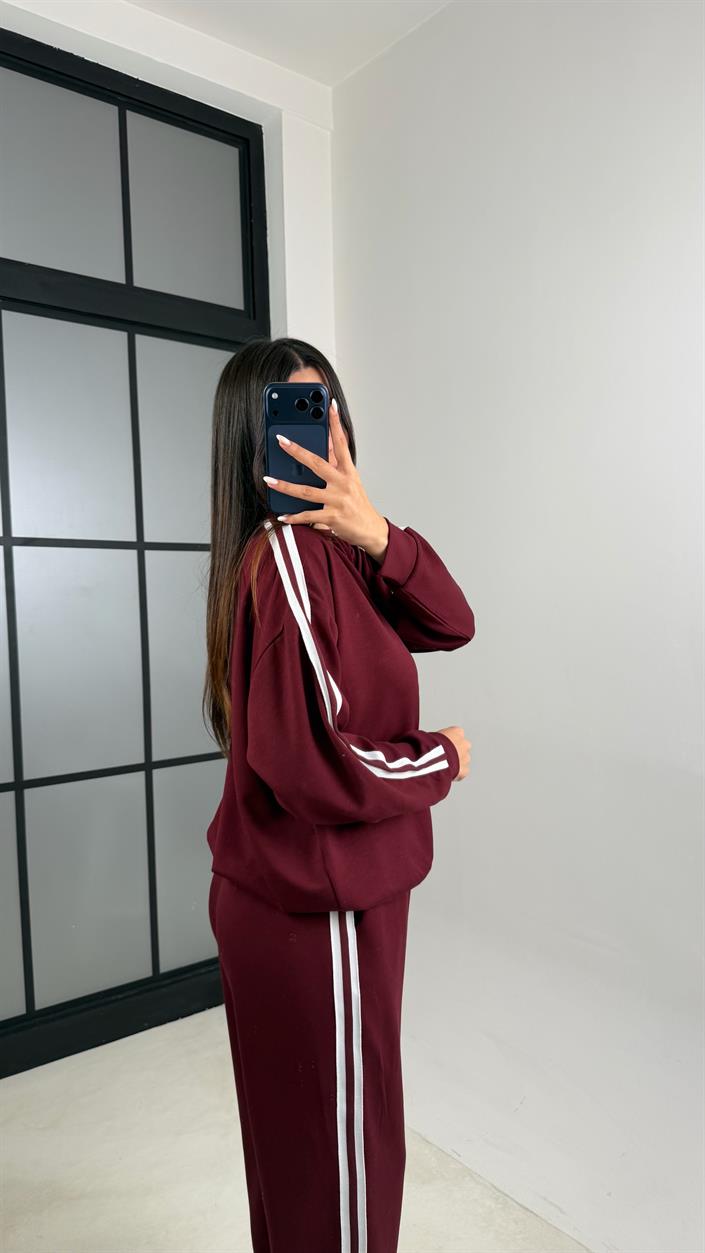 Bordo Şerit Detaylı Sweatshirt Beli Lastikli Eşofman İkili Modal Takım GAUS-00621