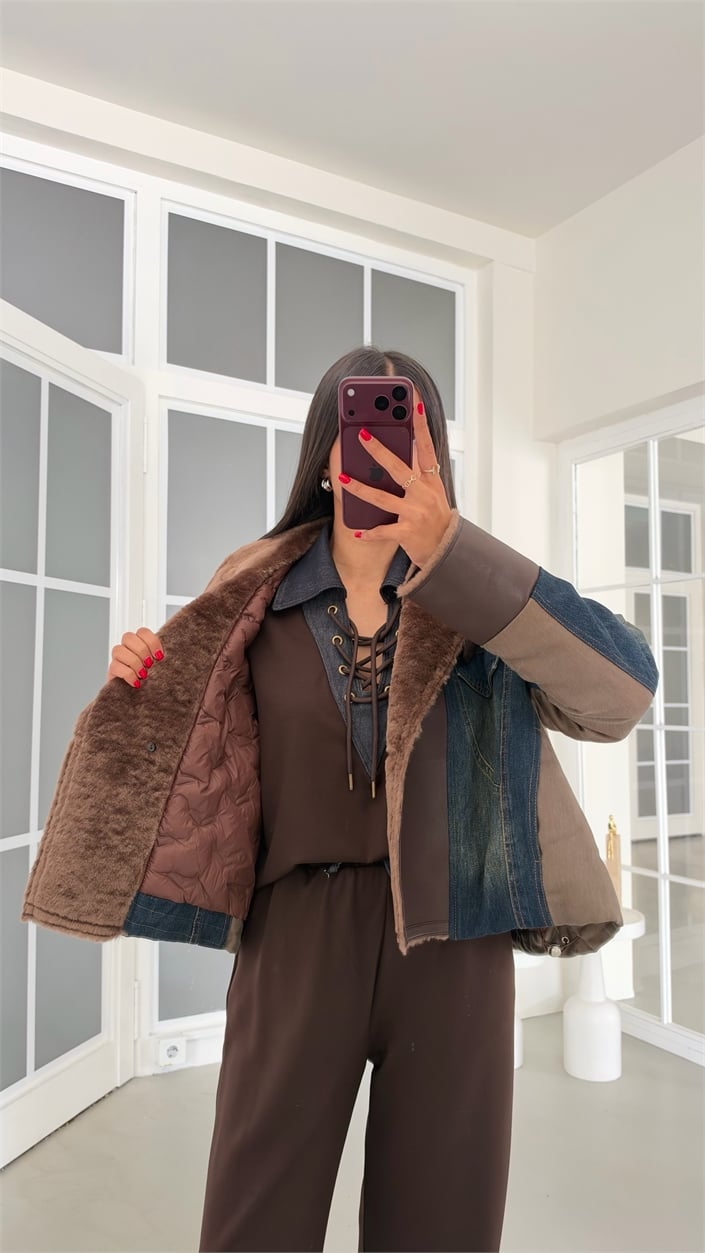 Çok Renkli Dik Yaka Kürklü Premium Tasarım Ceket GAUS-02312