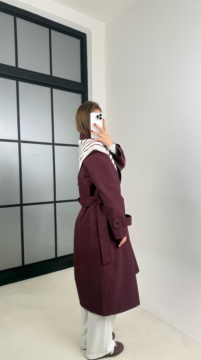 Bordo Fular Detaylı Kuşaklı Tasarım Trençkot GAUS-00515