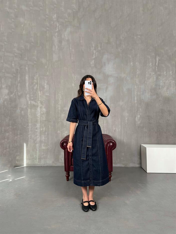 Nise Lacivert Çıtçıt Düğmeli Kuşaklı Denim Elbise
