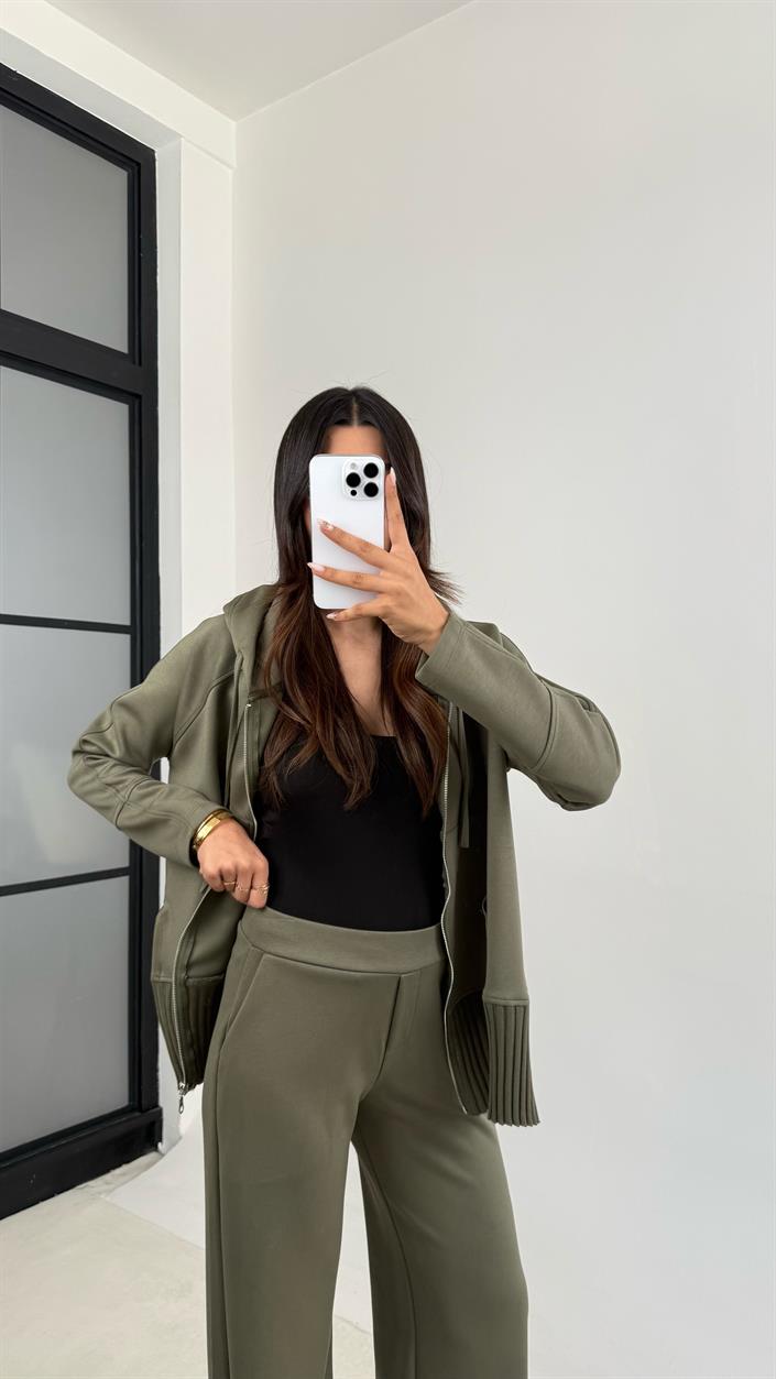Haki Kapüşonlu Hırka Beli Lastikli Pantolon İkili Premium Takım GAUS-0075