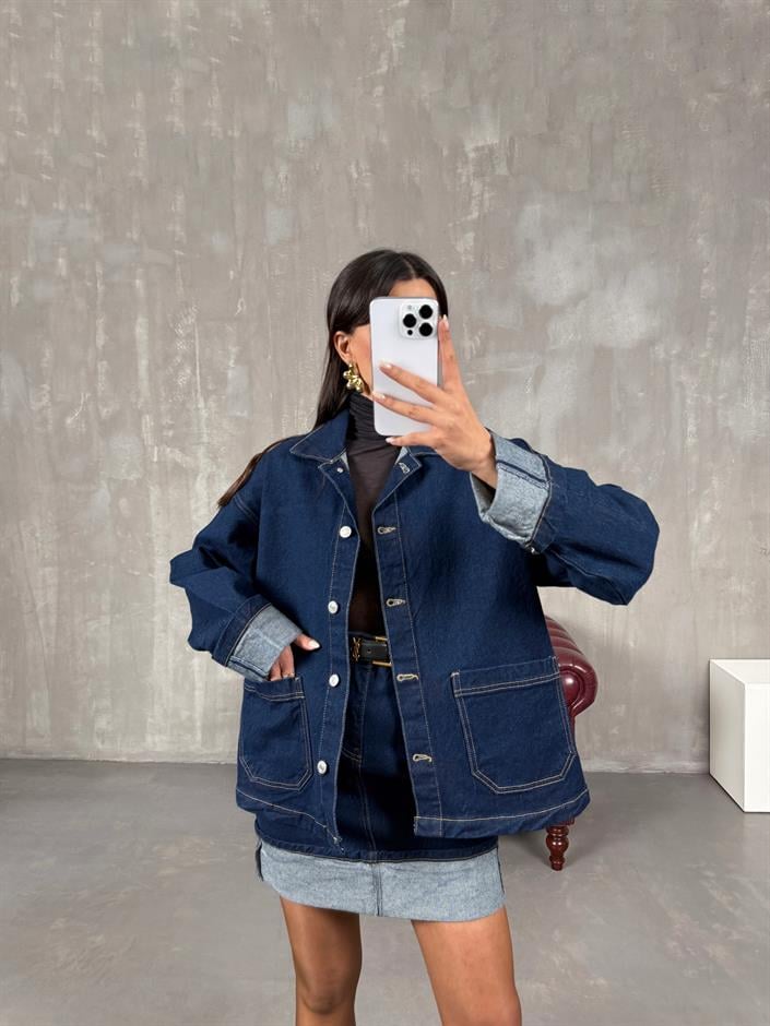 Rosina Lacivert Gömlek Etek Premium Denim Takım