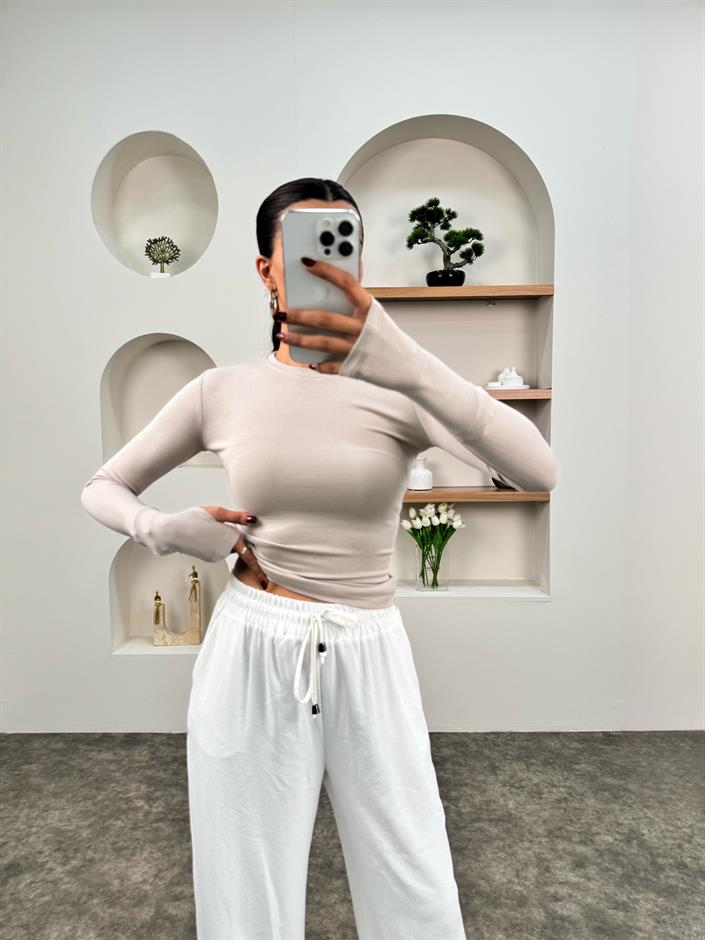 Odri Bej Oys Modal Kumaş Bisiklet Yaka El Detaylı Bluz