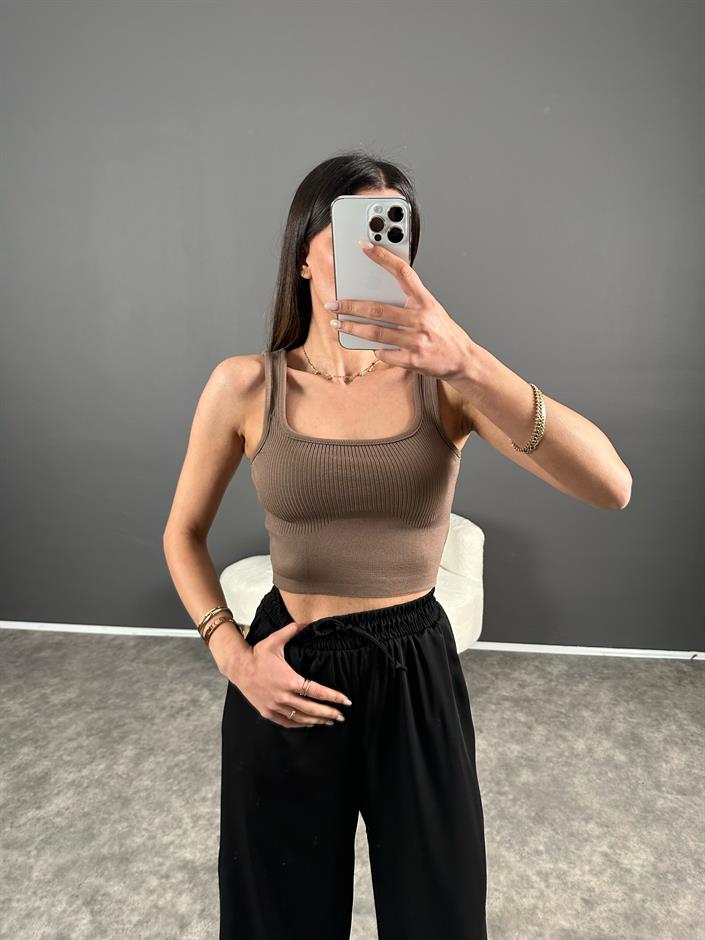 Kahve Triko Crop Atlet