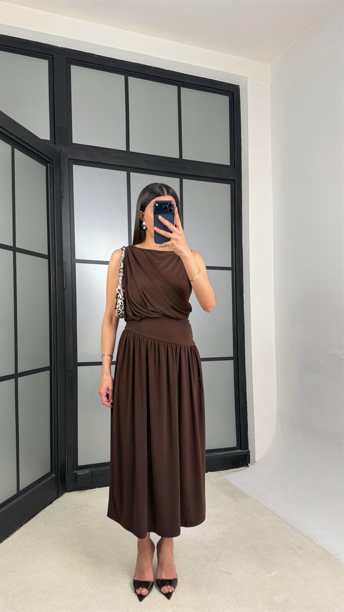 Kahve Sıfır Kol Zr Model Tasarım Elbise GAUS-01362