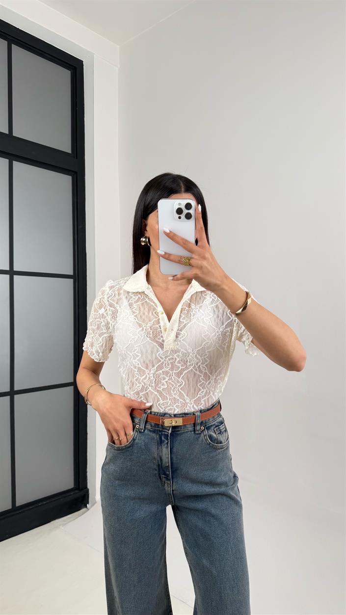 Beyaz Polo Yaka Dantelli Transparan Bluz Gaus00448