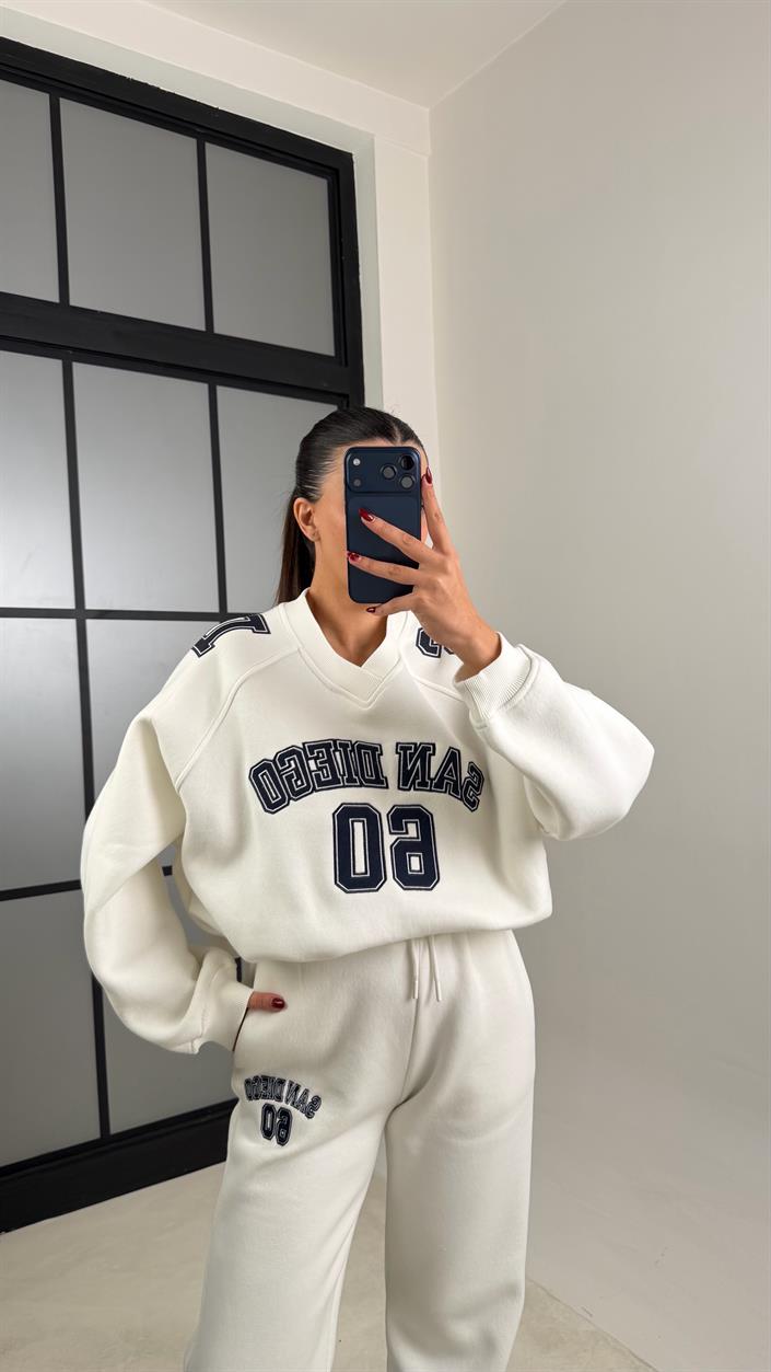 Beyaz ZR Model Baskılı Şardonlu Sweatshirt Eşofman Takım GAUS-00751