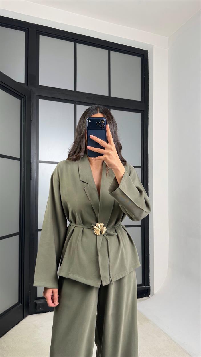 Yeşil Broş Detaylı Kimono Beli Lastikli Pantolon Takım GAUS-01345